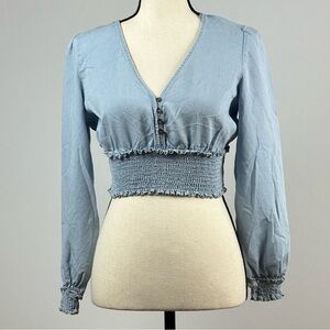 LOVE TREE denim V-neck long sleeved smocked crop top - size small